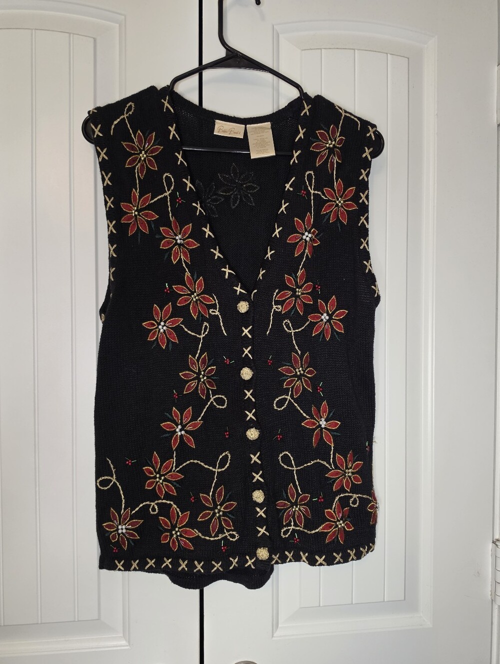 ​Bobbie Brooks Women's Size S Poinsettia Beaded Christmas Sweater Vest Black